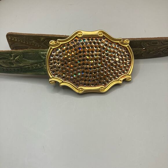VTG Streets Ahead Belt M Rhinestone Tooled Leather Multicolor Western Artsy 90s - Picture 2 of 10